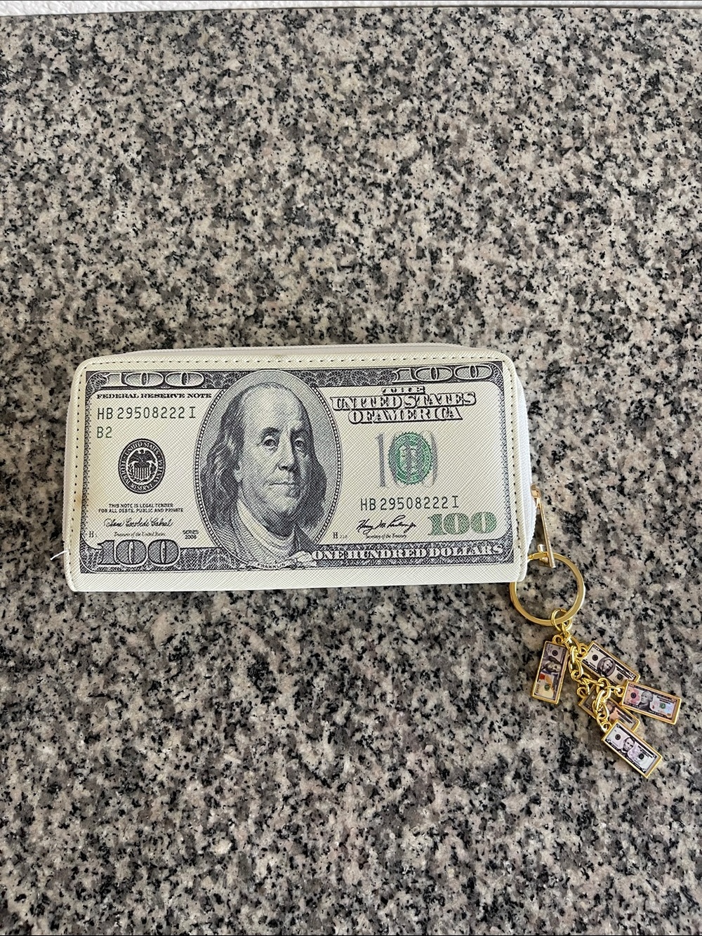 Novelty $100 Bill Zip Wallet with Gold Charm Keyring - White